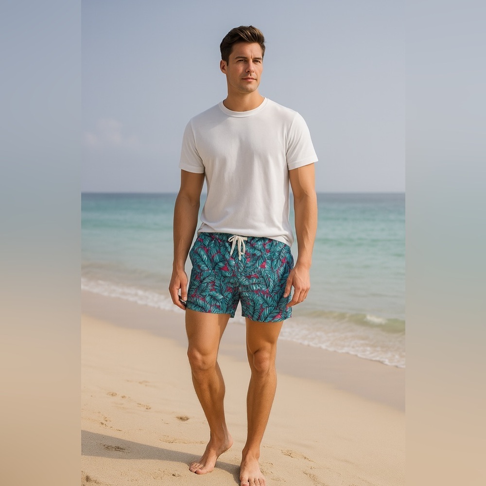 Member’s Mark Resort Swim Trunk Shorts Pink Blue Leaf Print Size XL NWT